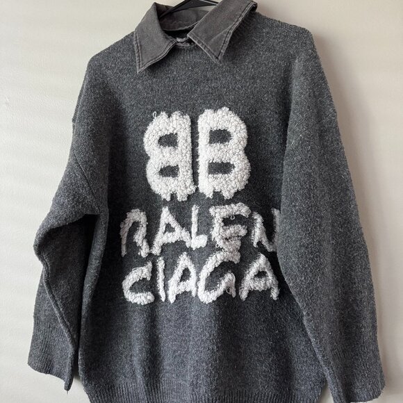 Balenciaga Oversized Thick Knit Sweater with Removable Denim Collar – Long Sleev - Picture 1 of 1